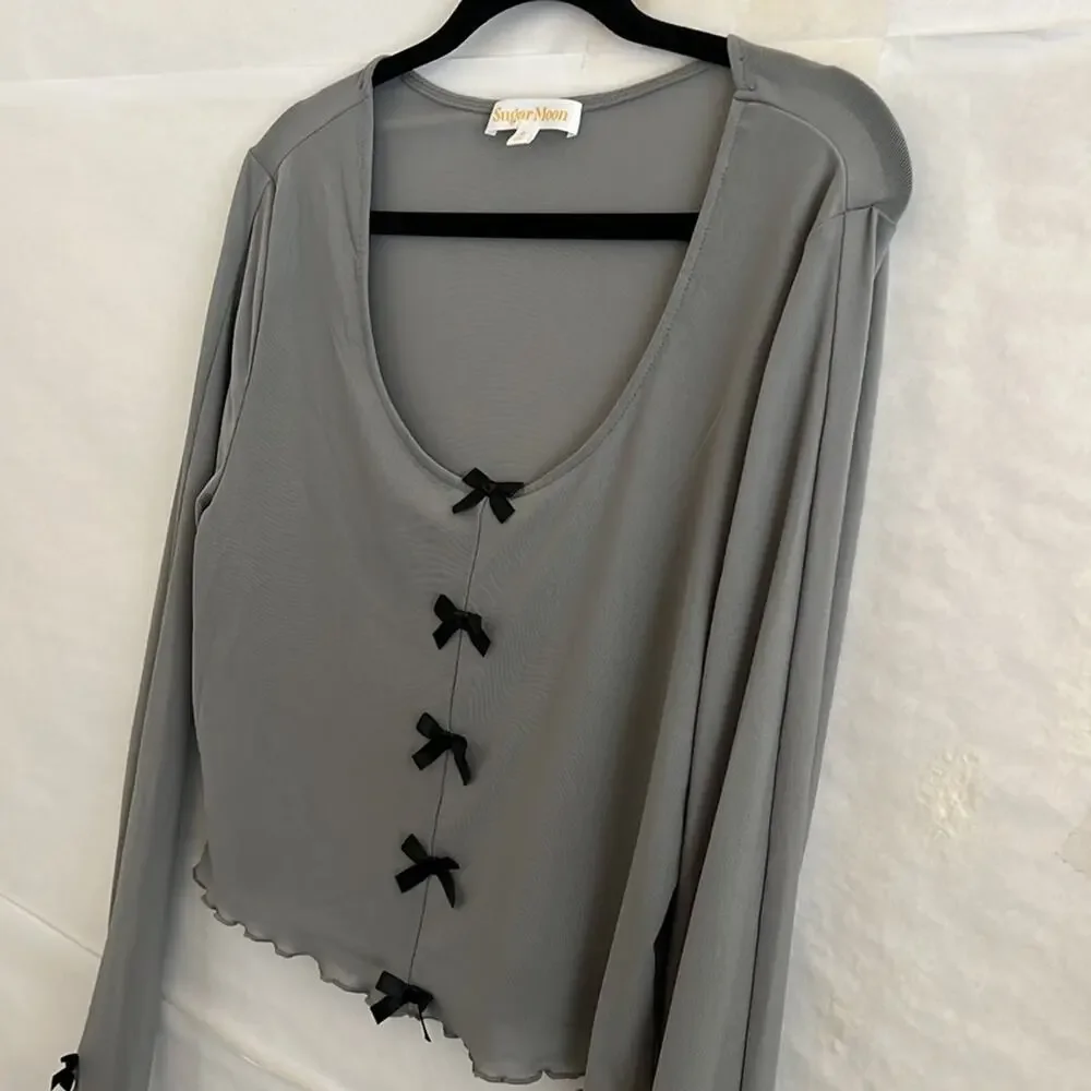 Sugar Moon Gray Mesh Bow Top XL Long Sleeve Ruffle Edge Coquette Y2K Crop - Picture 5 of 11